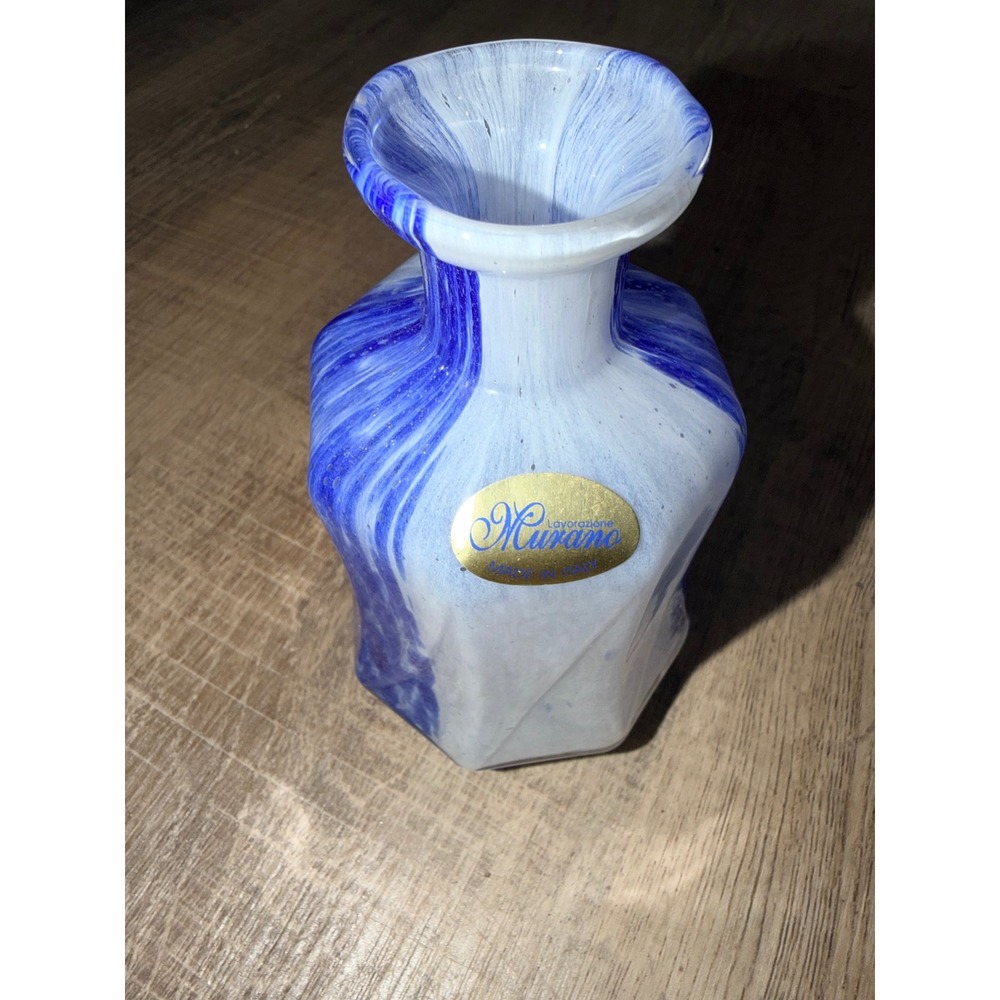 Vintage Lavorazione Murano Art Glass Vase, Made in Italy, Cobalt Blue Swirl Vase